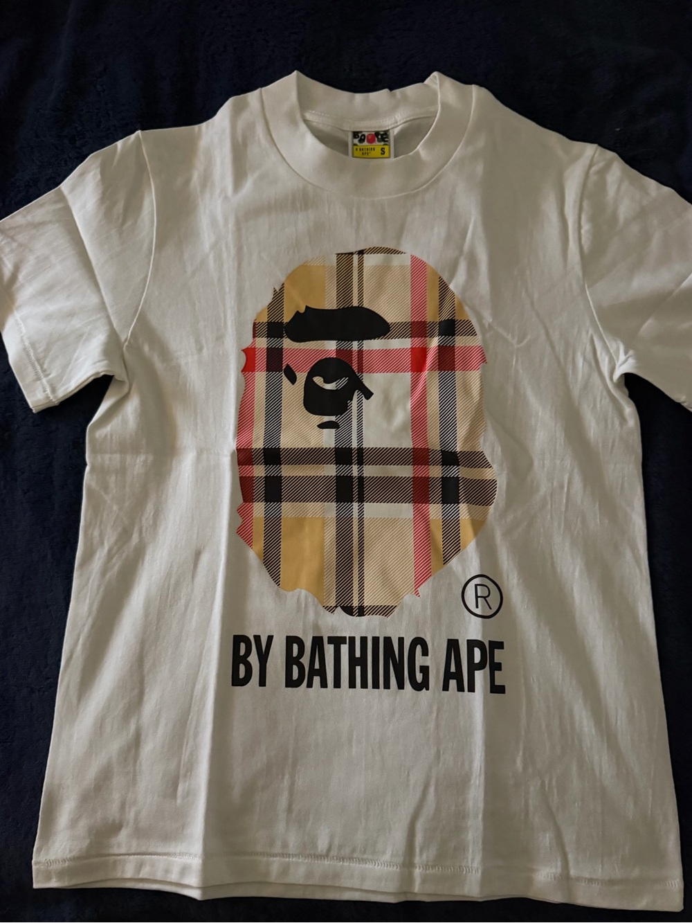 Bape White Tee with Plaid Ape Head Graphic